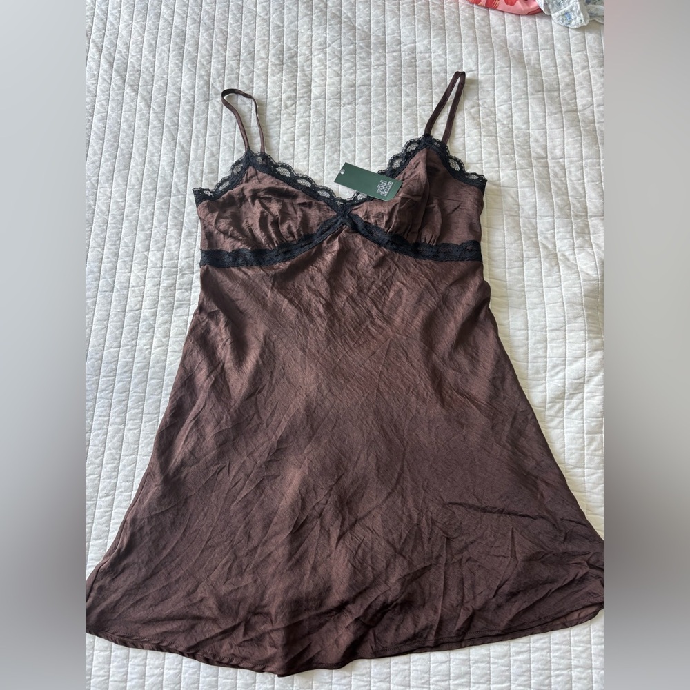 Gilligan & O'Malley Brown Slip Dress with Black Lace Trim